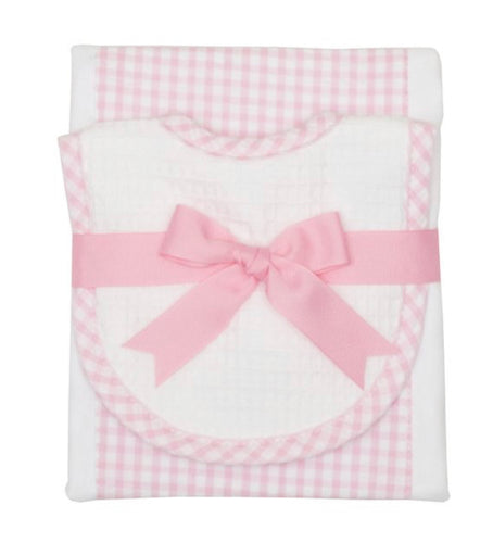 Pink Gingham Bib & Burp Cloth Set