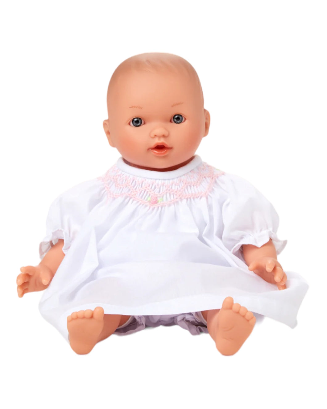 Baby Doll in Monogrammed White Dress