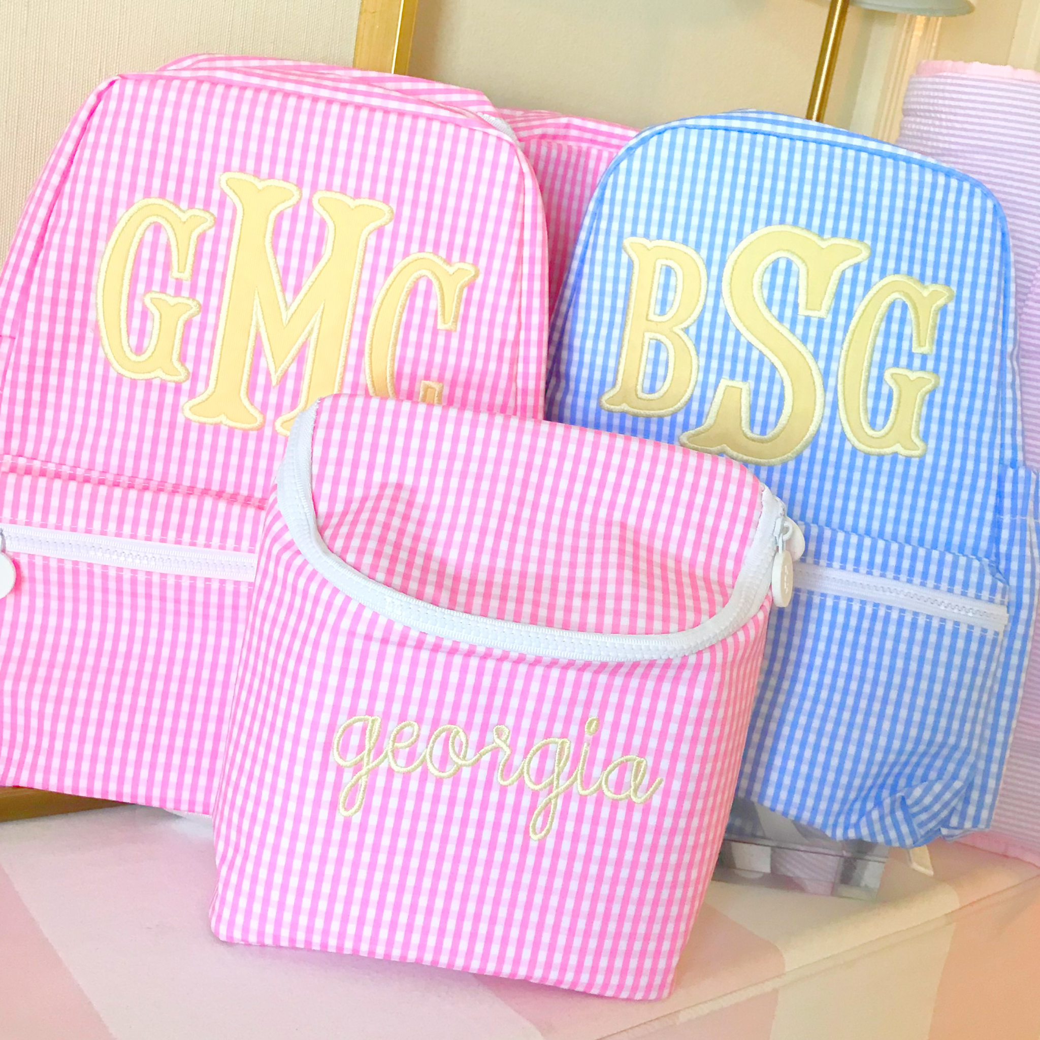 Pink gingham backpack sales