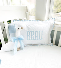 Load image into Gallery viewer, Blue Scalloped Monogrammed Baby Pillow