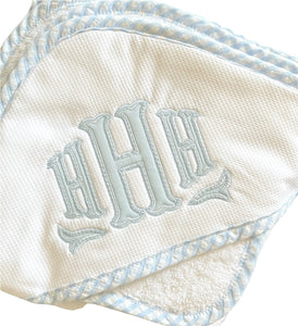Blue Gingham Baby Pique Hooded Towel Set